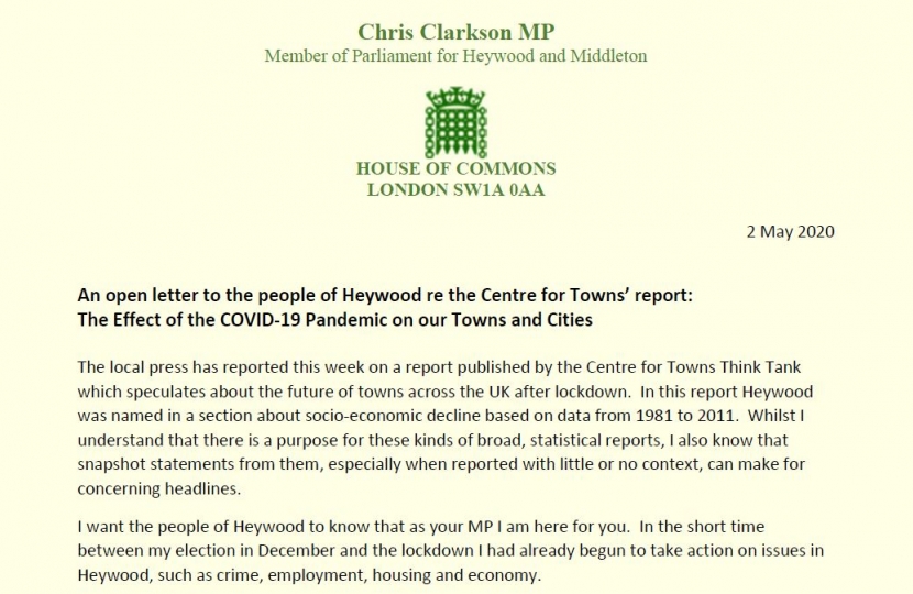 An open letter to the people of Heywood re the Centre for Towns’ report The Effect of the COVID-19 Pandemic on our Towns and Cities